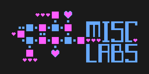 An abstract blue and pink repesentation of a caffeine molecule with squares, hearts, and the text "Misc. Labs"